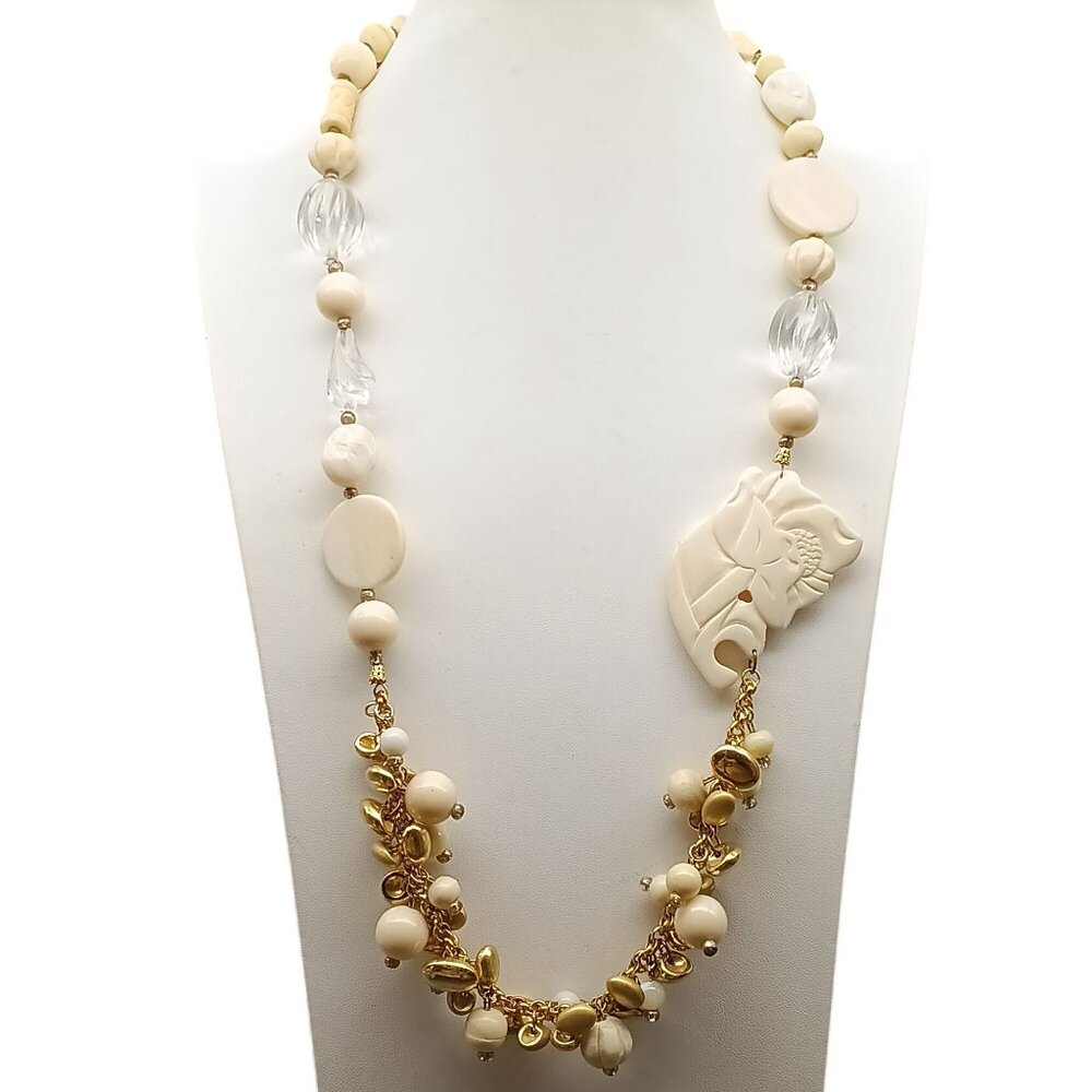 Vintage Roxsann Multi-Strand Beaded Necklace w/ Carved Rose Pendant & Gold Accen